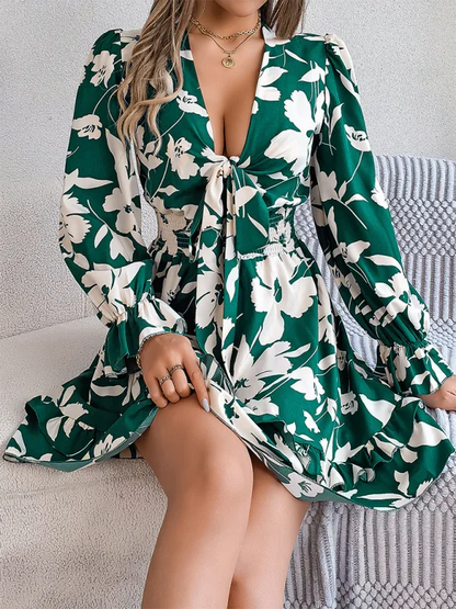 Casual Floral A-Line Dress with Lace-Up Long Sleeves and Wooden Ear Trim - Shello's Creative Boutique