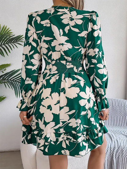 Casual Floral A-Line Dress with Lace-Up Long Sleeves and Wooden Ear Trim - Shello's Creative Boutique