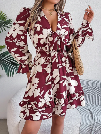 Casual Floral A-Line Dress with Lace-Up Long Sleeves and Wooden Ear Trim - Shello's Creative Boutique