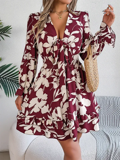 Casual Floral A-Line Dress with Lace-Up Long Sleeves and Wooden Ear Trim - Shello's Creative Boutique