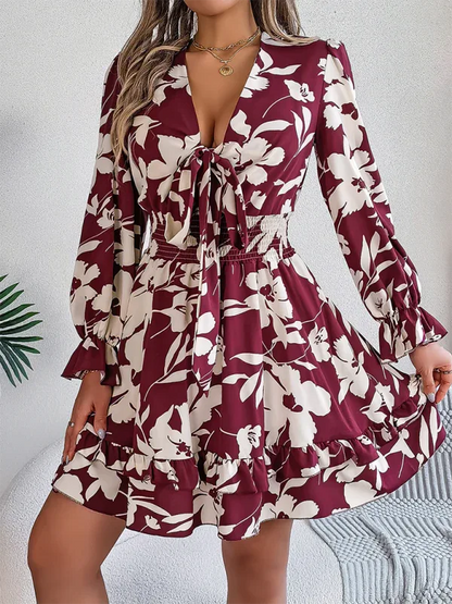 Casual Floral A-Line Dress with Lace-Up Long Sleeves and Wooden Ear Trim - Shello's Creative Boutique