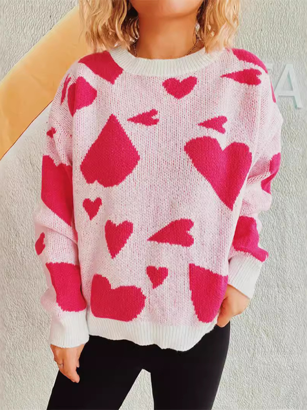 Valentine's Day Sweater Round Neck Heart Two Colour Jacquard Pullover—Sweet and Stylish