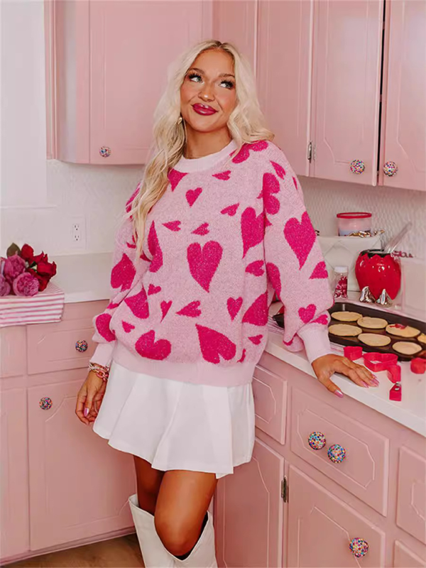 Valentine's Day Sweater Round Neck Heart Two Colour Jacquard Pullover—Sweet and Stylish