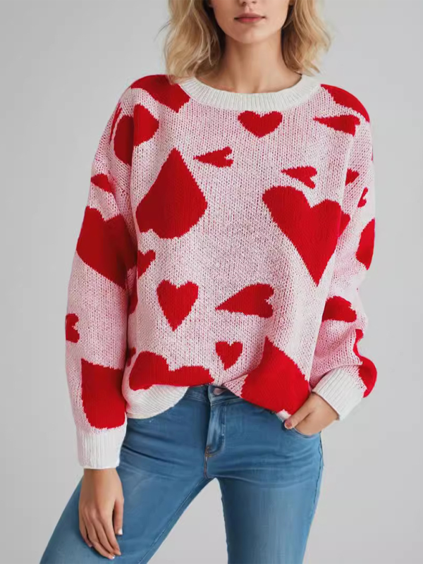 Valentine's Day Sweater Round Neck Heart Two Colour Jacquard Pullover—Sweet and Stylish