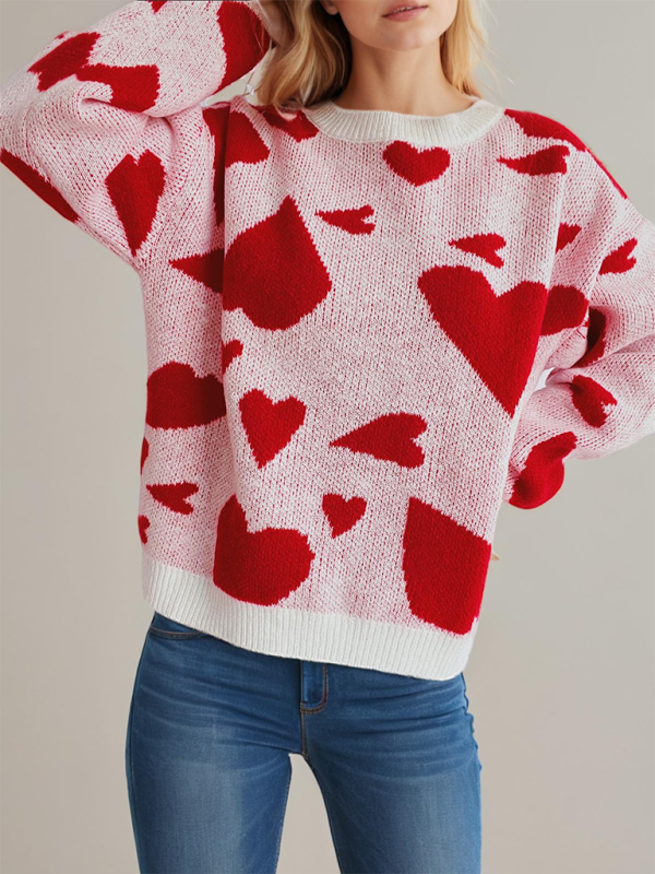 Valentine's Day Sweater Round Neck Heart Two Colour Jacquard Pullover—Sweet and Stylish