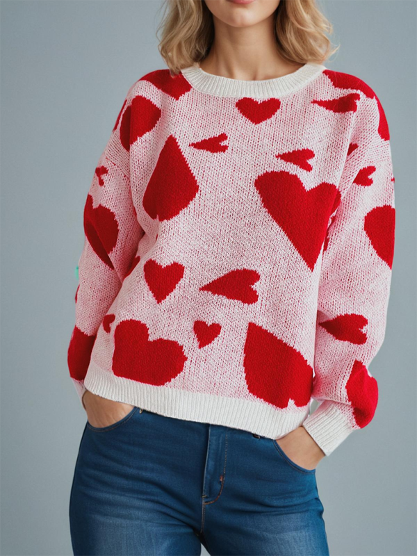 Valentine's Day Sweater Round Neck Heart Two Colour Jacquard Pullover—Sweet and Stylish