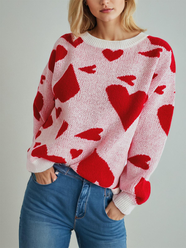 Valentine's Day Sweater Round Neck Heart Two Colour Jacquard Pullover—Sweet and Stylish