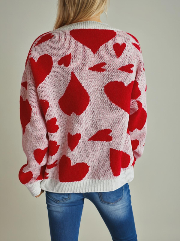 Valentine's Day Sweater Round Neck Heart Two Colour Jacquard Pullover—Sweet and Stylish