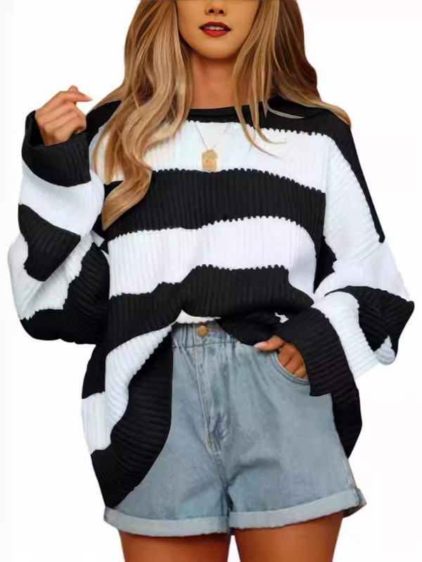 Round Neck Long Sleeve Colorblocked Striped Knit Sweater with Flare Sleeves