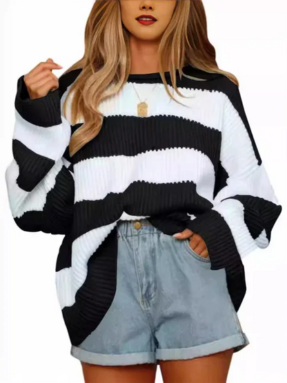 Round Neck Long Sleeve Colour-blocked Striped Knit Sweater with Flare Sleeves - Shello's Creative Boutique