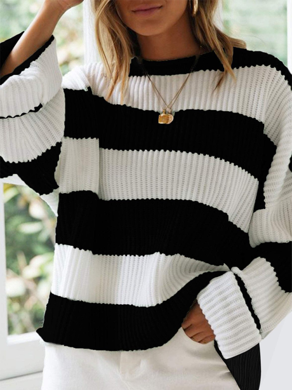 Round Neck Long Sleeve Colorblocked Striped Knit Sweater with Flare Sleeves