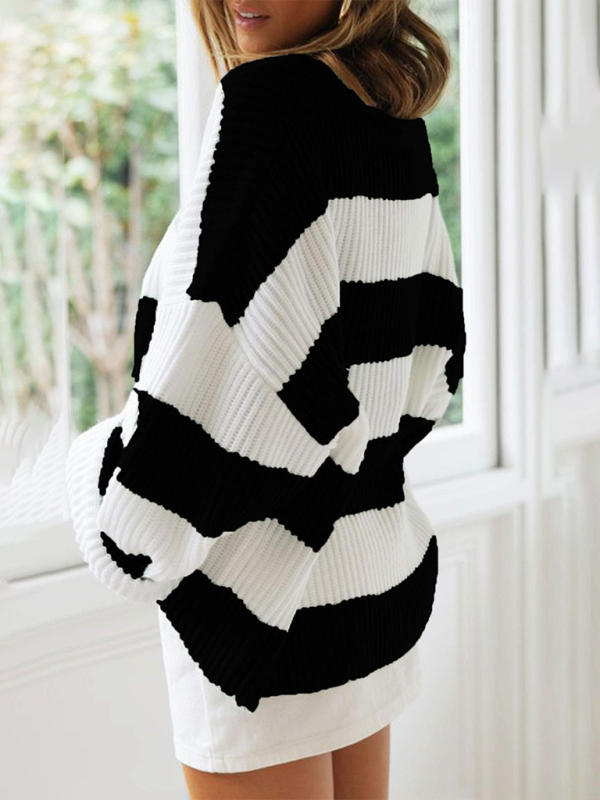 Round Neck Long Sleeve Colorblocked Striped Knit Sweater with Flare Sleeves