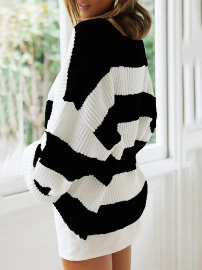 Round Neck Long Sleeve Colour-blocked Striped Knit Sweater with Flare Sleeves - Shello's Creative Boutique