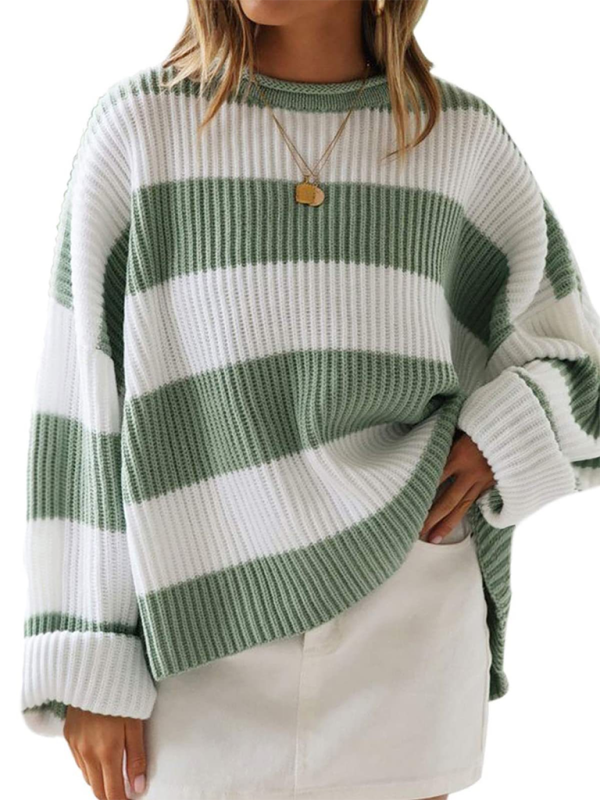 Round Neck Long Sleeve Colorblocked Striped Knit Sweater with Flare Sleeves