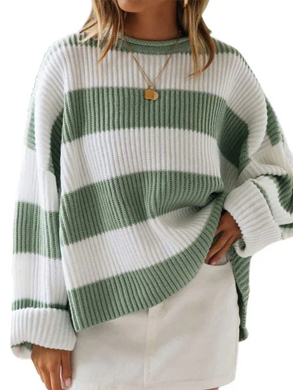 Round Neck Long Sleeve Colour-blocked Striped Knit Sweater with Flare Sleeves - Shello's Creative Boutique