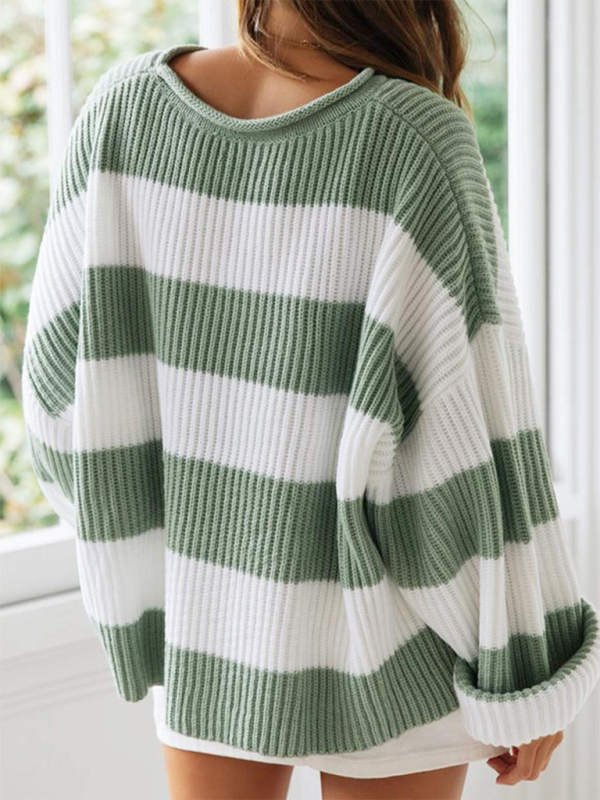 Round Neck Long Sleeve Colorblocked Striped Knit Sweater with Flare Sleeves