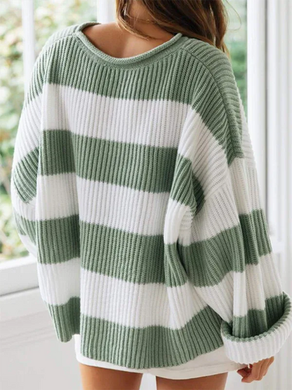 Round Neck Long Sleeve Colour-blocked Striped Knit Sweater with Flare Sleeves - Shello's Creative Boutique