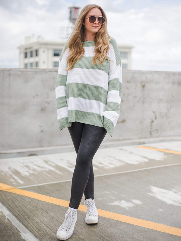 Round Neck Long Sleeve Colorblocked Striped Knit Sweater with Flare Sleeves