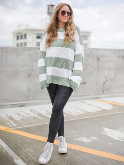 Round Neck Long Sleeve Colour-blocked Striped Knit Sweater with Flare Sleeves - Shello's Creative Boutique