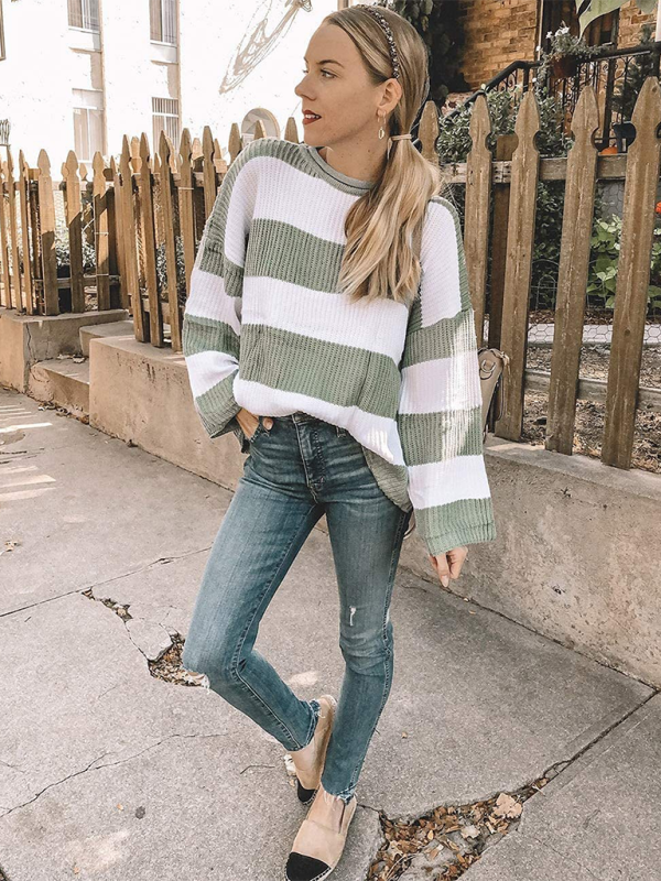Round Neck Long Sleeve Colorblocked Striped Knit Sweater with Flare Sleeves