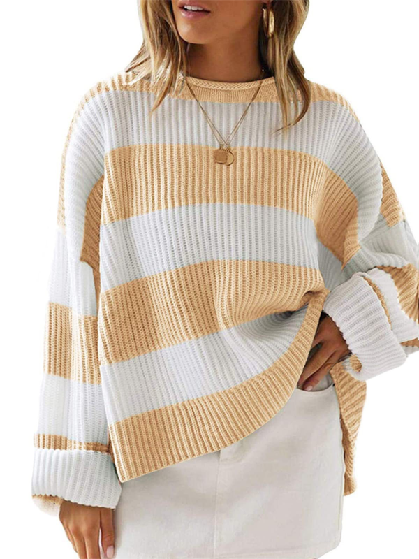 Round Neck Long Sleeve Colorblocked Striped Knit Sweater with Flare Sleeves