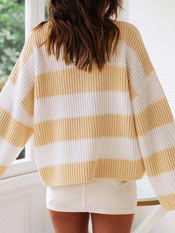 Round Neck Long Sleeve Colorblocked Striped Knit Sweater with Flare Sleeves