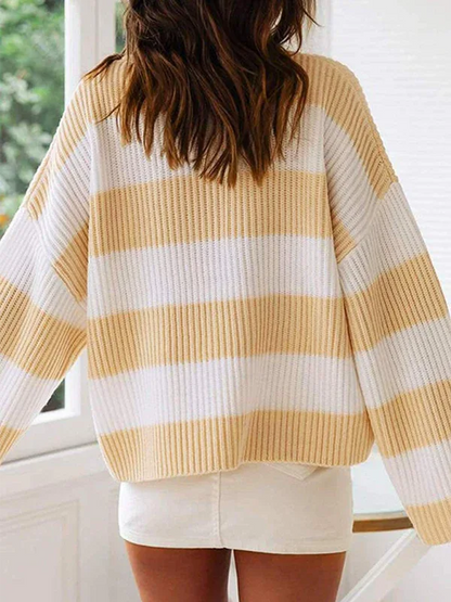 Round Neck Long Sleeve Colour-blocked Striped Knit Sweater with Flare Sleeves - Shello's Creative Boutique