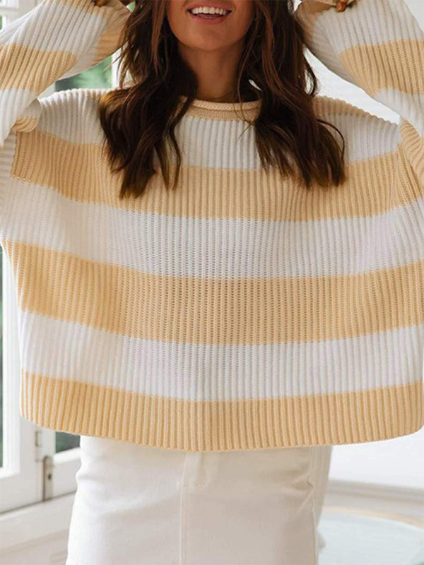 Round Neck Long Sleeve Colorblocked Striped Knit Sweater with Flare Sleeves
