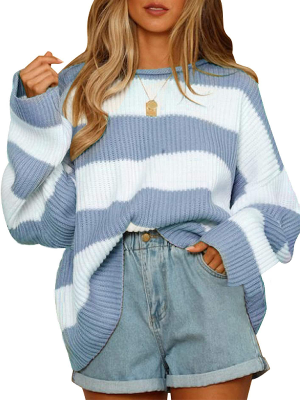 Round Neck Long Sleeve Colorblocked Striped Knit Sweater with Flare Sleeves