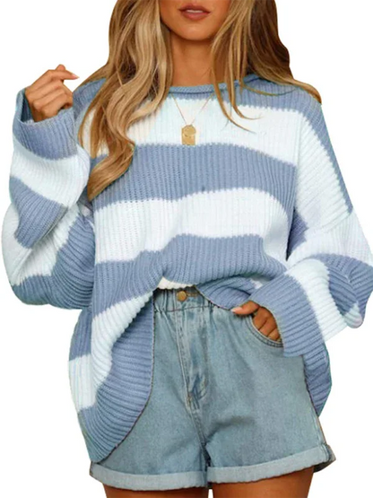Round Neck Long Sleeve Colour-blocked Striped Knit Sweater with Flare Sleeves - Shello's Creative Boutique