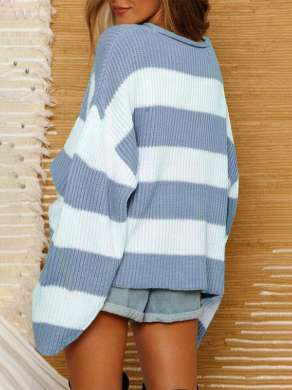 Round Neck Long Sleeve Colorblocked Striped Knit Sweater with Flare Sleeves