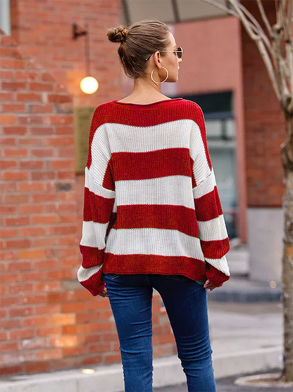 Round Neck Long Sleeve Colour-blocked Striped Knit Sweater with Flare Sleeves - Shello's Creative Boutique