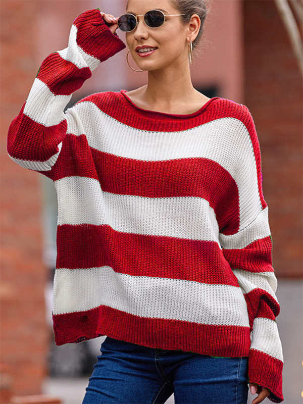 Round Neck Long Sleeve Colorblocked Striped Knit Sweater with Flare Sleeves