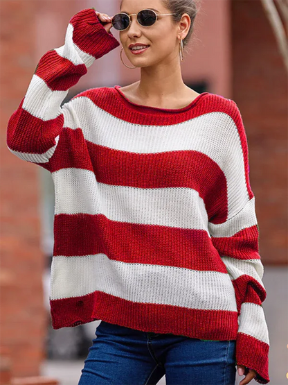 Round Neck Long Sleeve Colour-blocked Striped Knit Sweater with Flare Sleeves - Shello's Creative Boutique