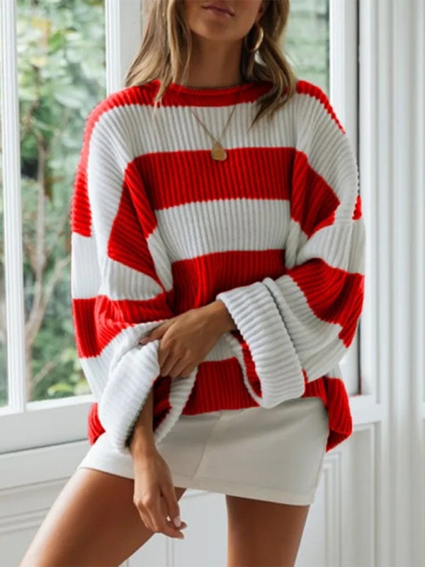 Round Neck Long Sleeve Colorblocked Striped Knit Sweater with Flare Sleeves