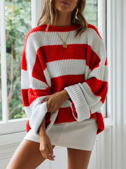 Round Neck Long Sleeve Colour-blocked Striped Knit Sweater with Flare Sleeves - Shello's Creative Boutique