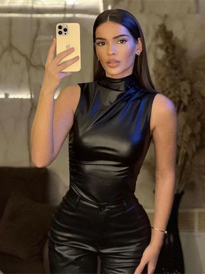 New Leather Personalized Sleeveless Top with Stacked Neck and Slant Hem - Shello's Creative Boutique