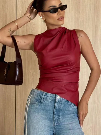 New Leather Personalized Sleeveless Top with Stacked Neck and Slant Hem - Shello's Creative Boutique