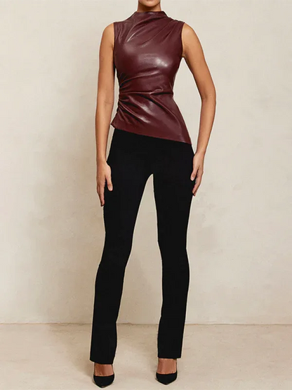 New Leather Personalized Sleeveless Top with Stacked Neck and Slant Hem - Shello's Creative Boutique