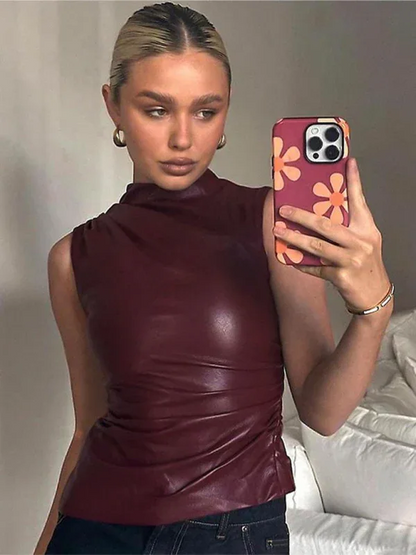 New Leather Personalized Sleeveless Top with Stacked Neck and Slant Hem - Shello's Creative Boutique