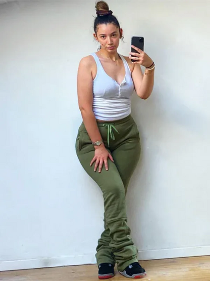 Women's High Waisted Stacked Pants with Shrink Pleat Drawstring – Stylish and Comfortable Casual Wear - Shello's Creative Boutique