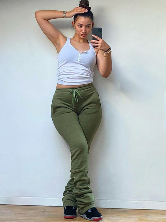 Women's Solid Color High Waisted Shrink Pleat Drawstring Casual Stacked Pants—Stylish and Comfortable