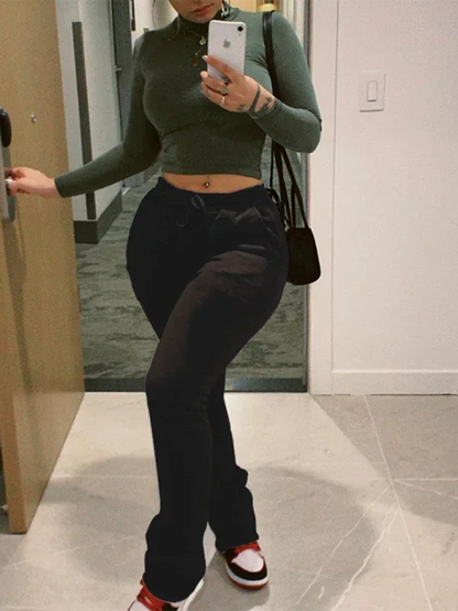 Women's High Waisted Stacked Pants with Shrink Pleat Drawstring – Stylish and Comfortable Casual Wear - Shello's Creative Boutique