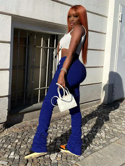 Women's High Waisted Stacked Pants with Shrink Pleat Drawstring – Stylish and Comfortable Casual Wear - Shello's Creative Boutique