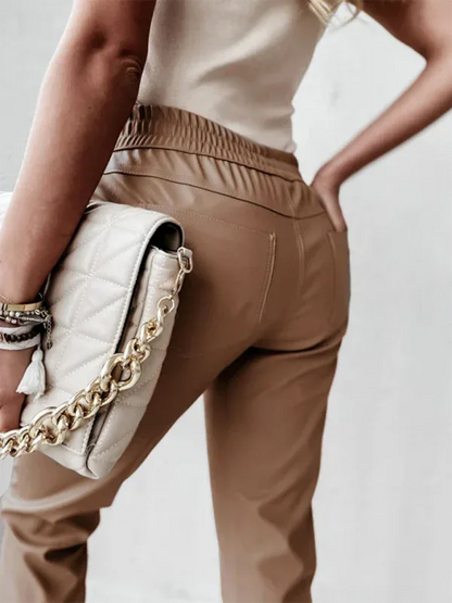 Women's Casual Leather Pants - Chic Mid Waist Fashion for Every Occasion - Shello's Creative Boutique