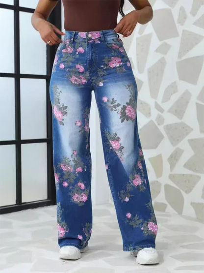 Floral Printed Wide Leg Pants Women's Jeans - Shello's Creative Boutique