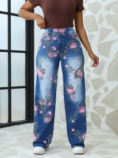 Floral Printed Wide Leg Pants Women's Jeans - Shello's Creative Boutique