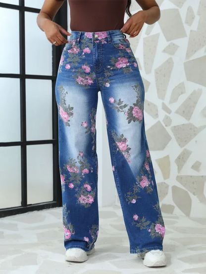 Floral Printed Wide Leg Pants Women's Jeans - Shello's Creative Boutique