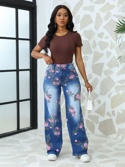 Floral Printed Wide Leg Pants Women's Jeans - Shello's Creative Boutique