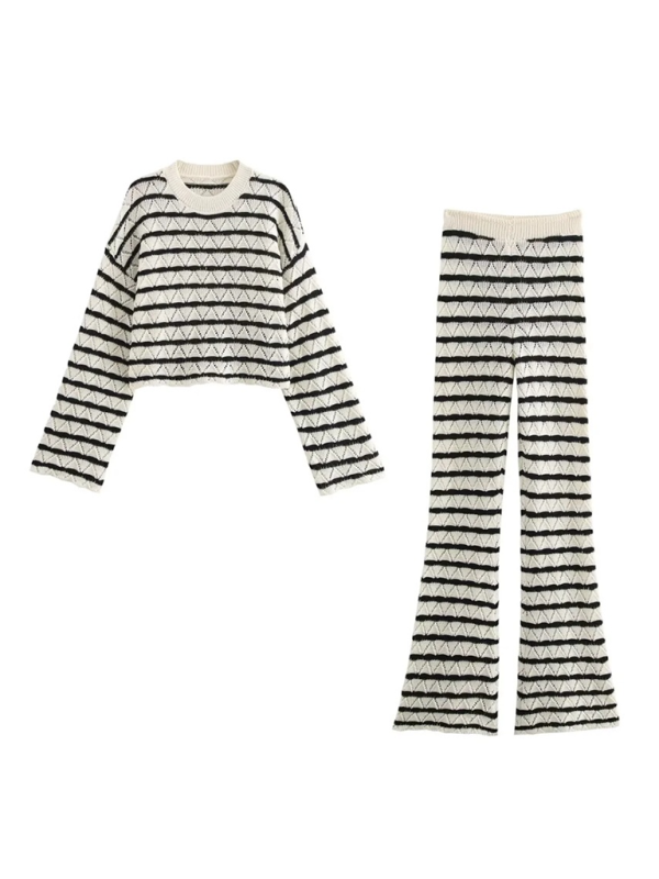 Striped knit l long sleeve flared pants set-Shello's Creative Boutique
